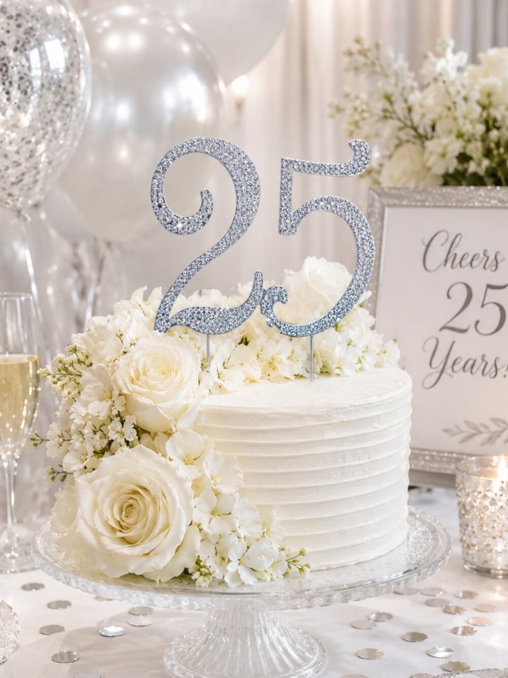 Rhinestone Cake Topper - Number 25- Silver Metal with Czech Rhinestones